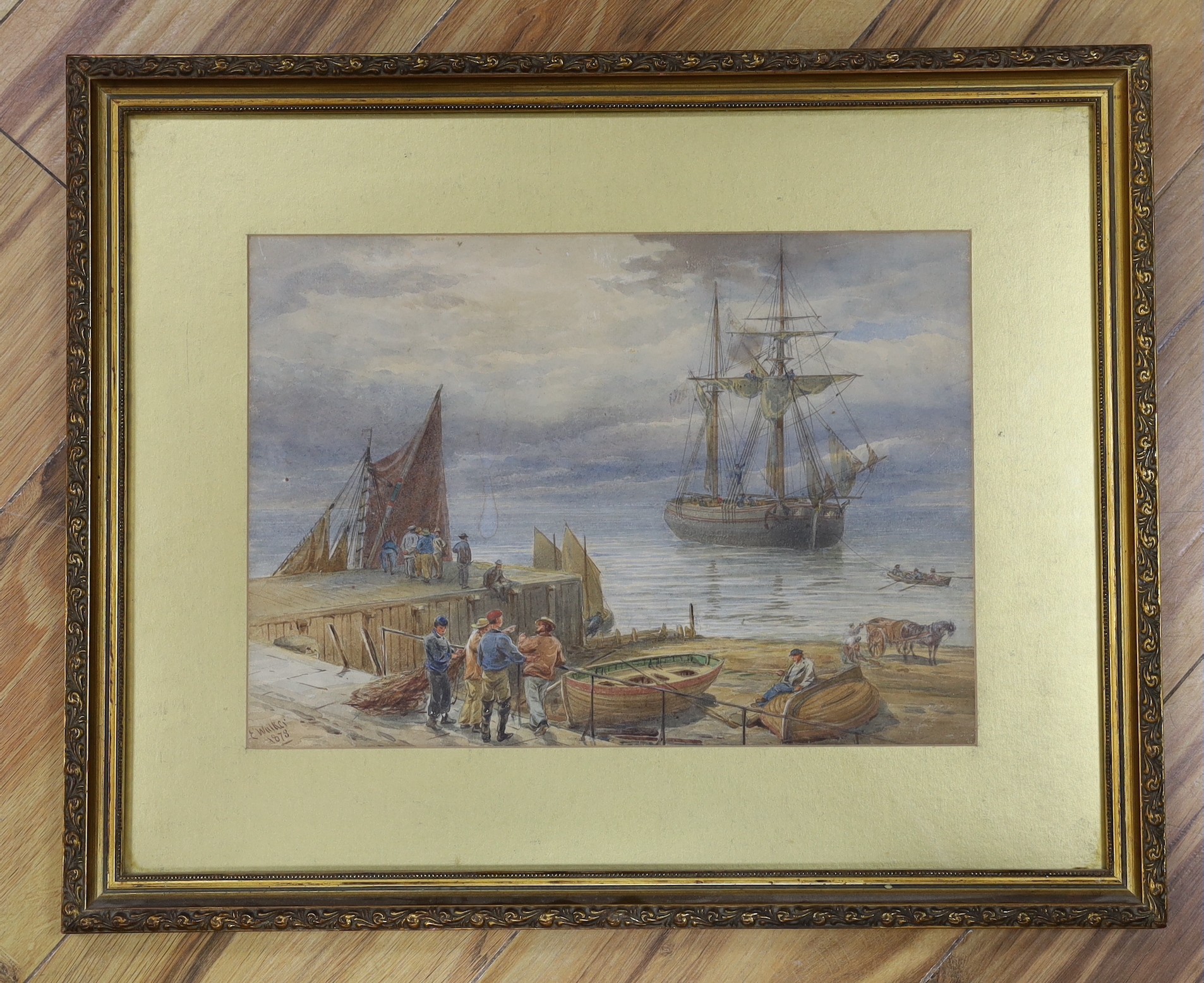 E. Walker (19th C.), watercolour, Harbour scene, signed and dated 1878, 24 x 34cm